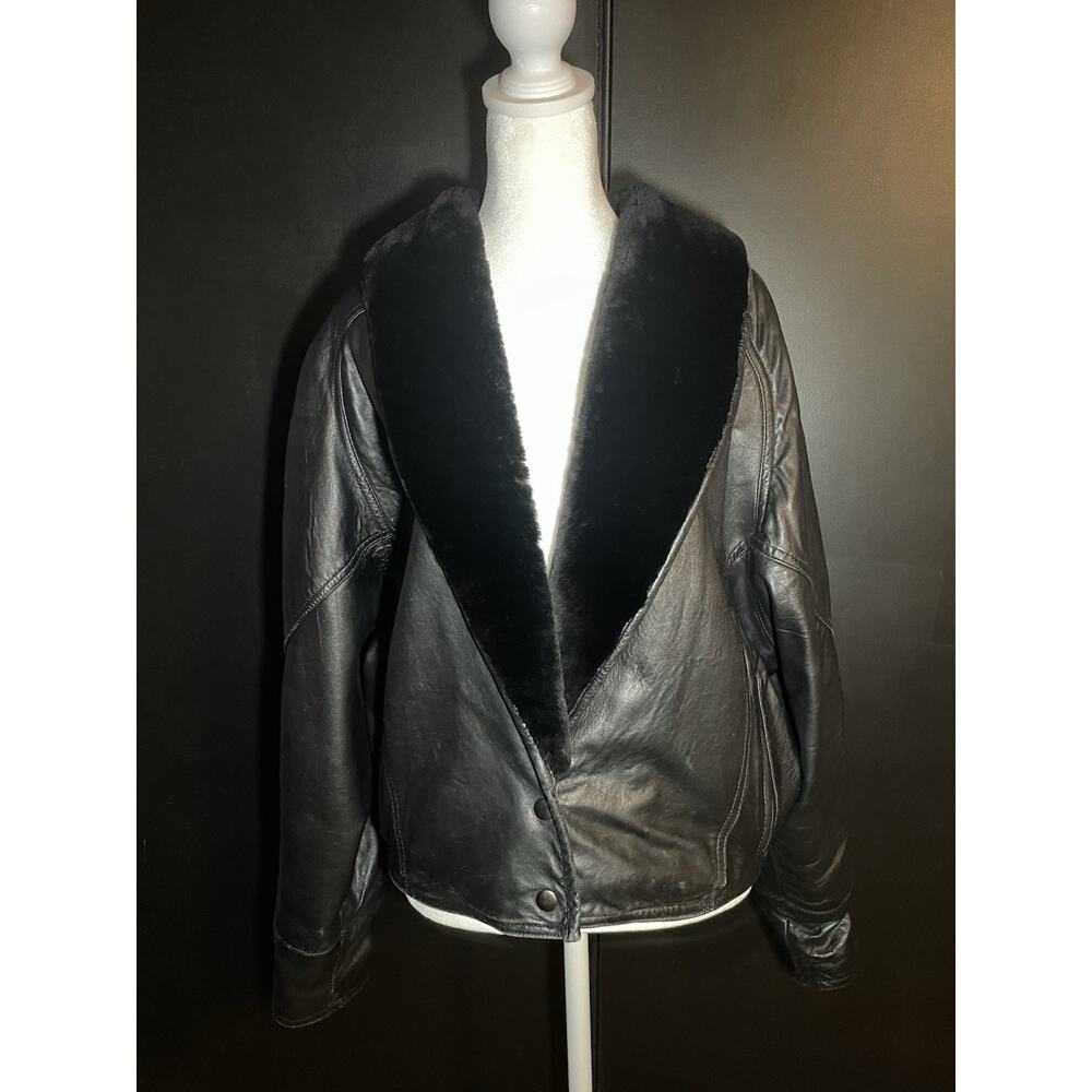 Vtg John Carlisle San Francisco Black Leather Jacket Shearling Collar 80s 90s M.